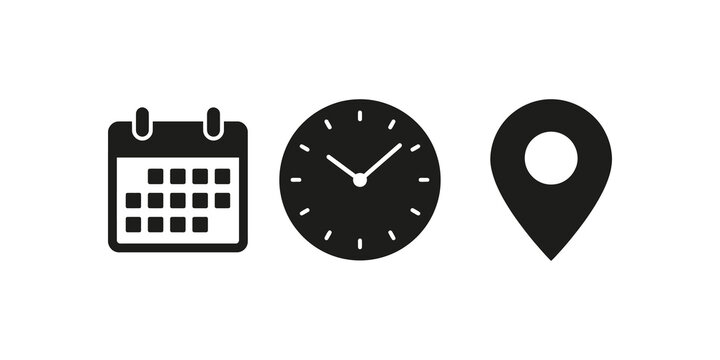 Black minimalist calendar clock and pin location icon set for web.