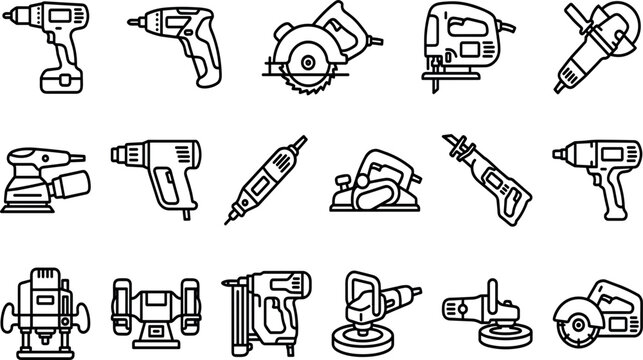 Professional cordless power tools workshop equipment outline icon set vector