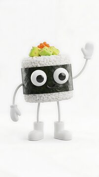 Cute sushi roll character with googly eyes waving isolated on white background