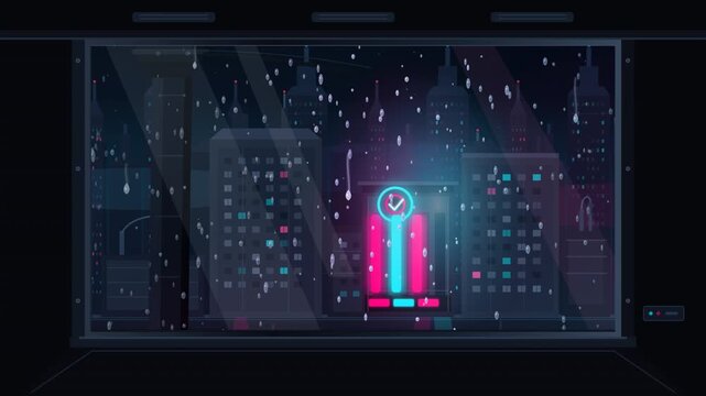 A seamless 4K cyberpunk loop from inside a moving train. Raindrops trickle down the glass as a neon-lit metropolis and glowing cyber-cafe pass by. Perfect for synthwave, lo-fi, and sci-fi streams.