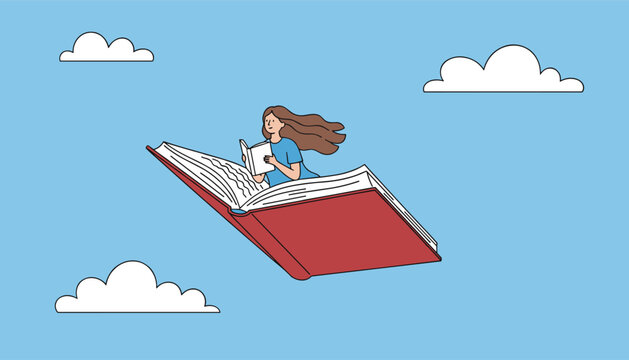 Imaginative illustration of a young woman reading a book while flying through the sky on a giant red open book.