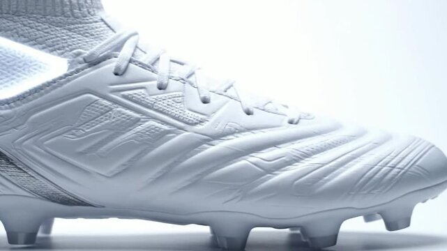 Professional soccer player wearing laced-up synthetic training boot with white sock and shin guard on grass field mockup for merchandise display