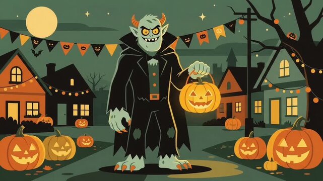 Spooky Monster Celebrating Halloween with Pumpkins