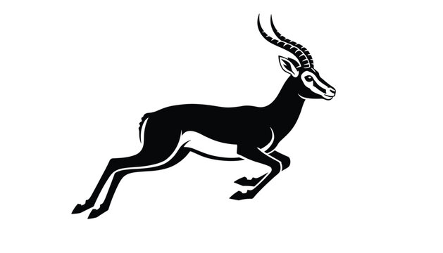 Black and white vector illustration of a graceful gazelle antelope jumping in mid air isolated on a white background.