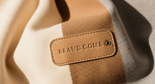Leather brand label on canvas fabric, embossed tan leather tag for apparel mockup, minimalist clothing branding detail