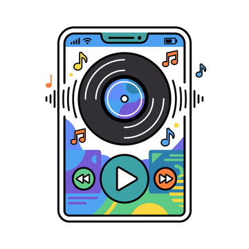 Smartphone screen music player app with spinning vinyl record