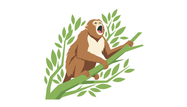 Wild brown monkey screaming with its mouth wide open while climbing on a green branch surrounded by leaves in a stylized vector illustration.