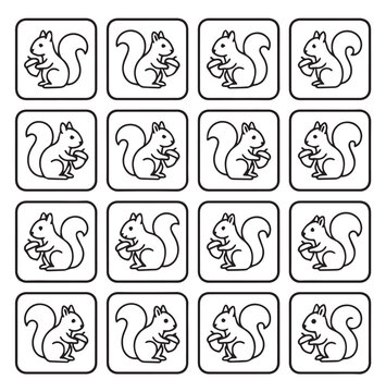 A repeating pattern of stylized squirrels holding acorns in outline squares on a white background for graphic design