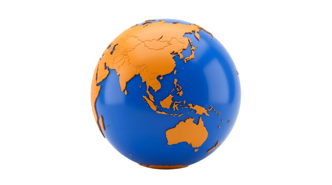 Bright orange and blue educational earth globe as isolated element