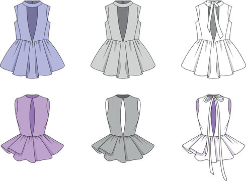 Sleeveless cutout high neck peplum top technical fashion flat CAD vector drawing set front and back views