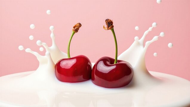 Fresh cherries with milk splash on a pink background 