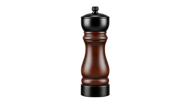 A traditional wooden pepper grinder stands alone on a clear transparent backdrop for design use