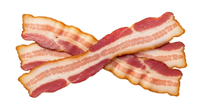 Two crispy strips of raw bacon meat arranged in an x shape isolated on transparent background