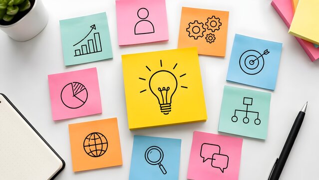 Creative Business Brainstorming And Idea Mind Mapping With Sticky Notes