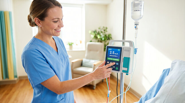 Nurse adjusting infusion pump medication rate in a hospital room  