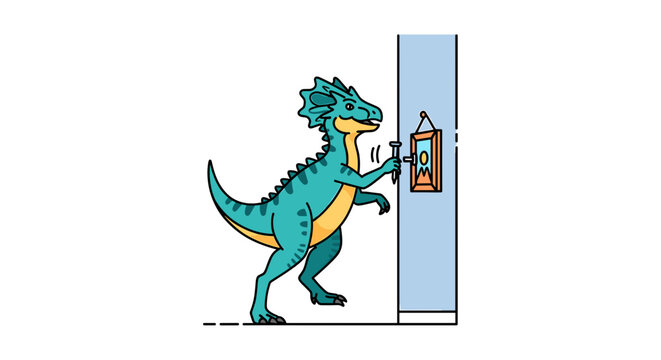 Dinosaur character adjusting frame on interior wall.