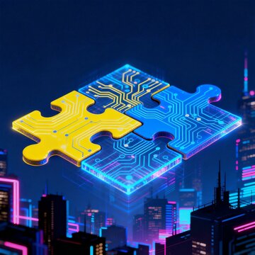 Cyber Jigsaw Puzzle Pieces with Circuit Board Patterns