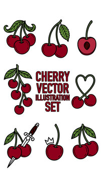 Cherry Vector Illustration Set with Red Fruit, Leaves and Decorative Stems