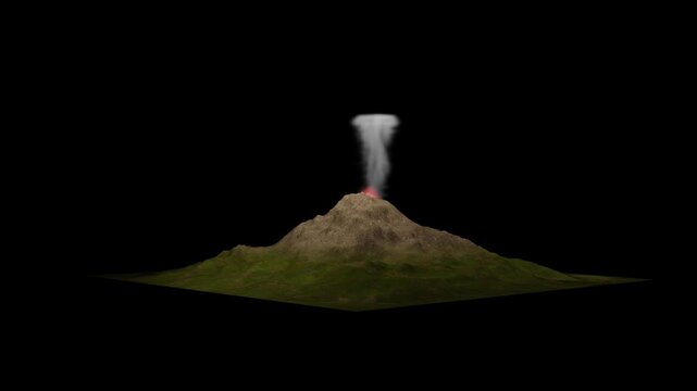 3D render of active volcano eruption with lava and smoke plume isolated on black background
