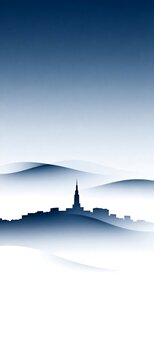 Silhouette of City with Spire Amid Rolling Misty Hills