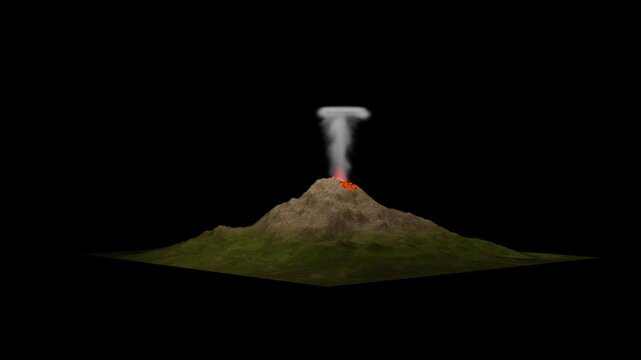 3D render of active volcano eruption with lava and smoke plume isolated on black background