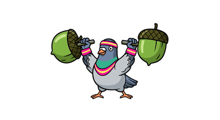 Fototapeta premium Pigeon lifting two heavy acorn weights in gym.