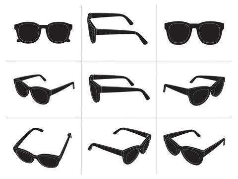 Minimalist black square sunglasses silhouettes, multiple angle views, sleek eyewear shapes, modern fashion accessories, isolated vector illustrations, editable design elements

