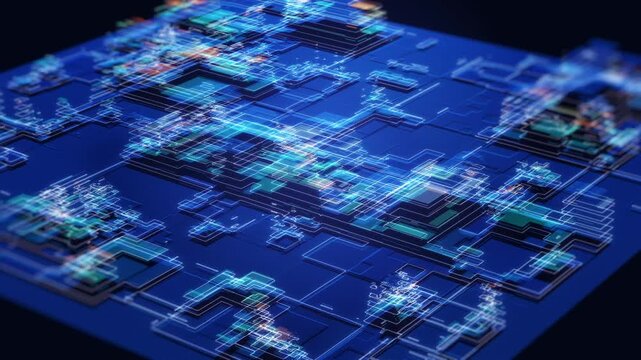 Abstract big data processing network with layered digital structures and glowing information paths, representing data analytics, digital infrastructure, computing and advanced information technology.