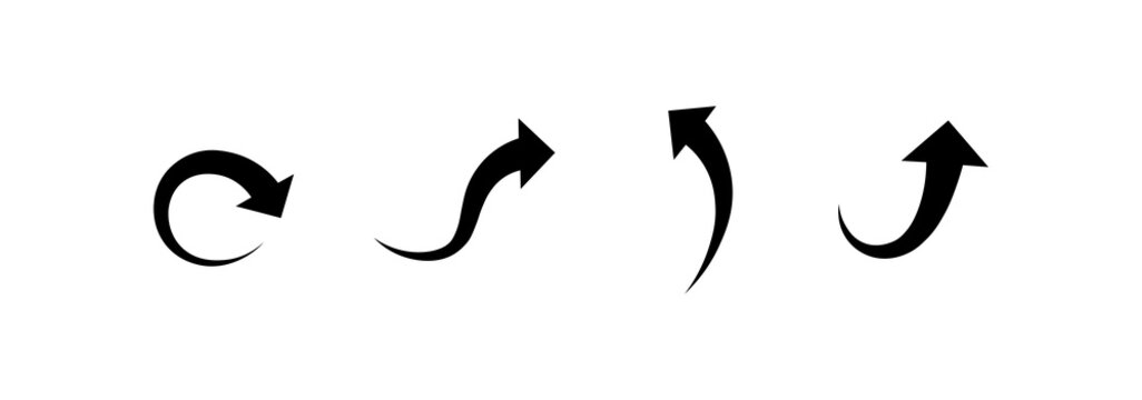 Arrow icon set. Curved and wavy black arrow symbols for flowcharts, presentations, process designs, and directional indicators.