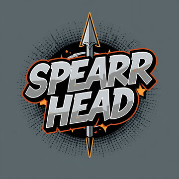 Graphic logo design featuring a metallic spearhead symbol with bold stylized text on a dark background.