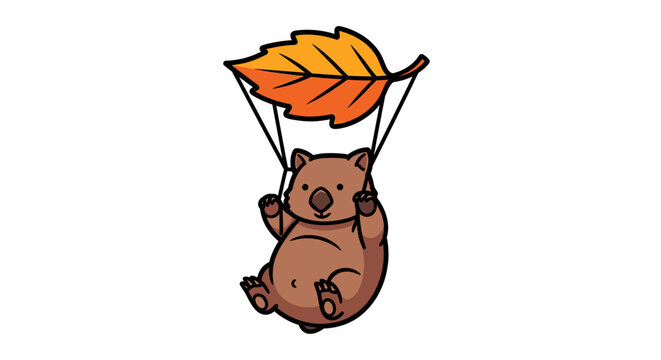 Wombat paragliding with a large autumn leaf.