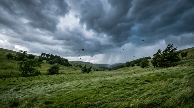 Dramatic storm clouds gathering over a lush green valley in the countryside.