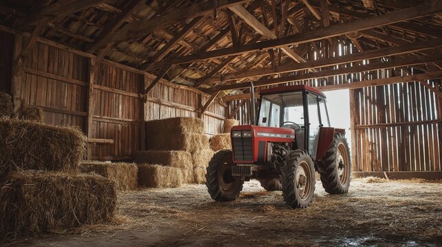 Red tractor in a rustic barn setting.