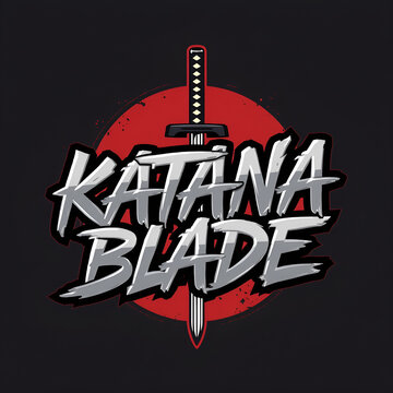 Graphic design featuring a Japanese katana sword with stylized text on a red circular background.