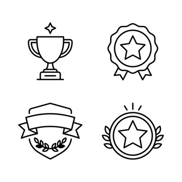 Set of four black line icons representing victory awards and achievement symbols.
