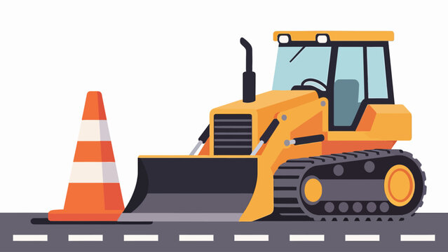 Yellow heavy duty bulldozer crawler loader with traffic cone for road construction site illustration
