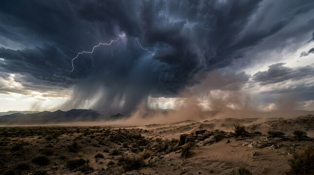 Dramatic lightning strike over a desert landscape during a powerful dust storm and heavy rain.