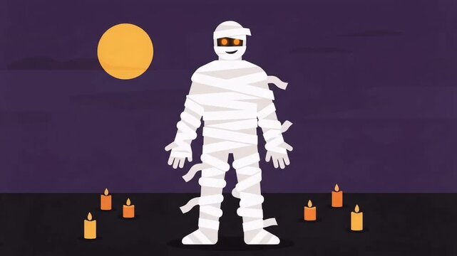 Halloween Mummy Walking Among Glowing Candles