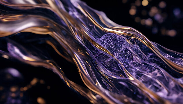 Abstract fluid quantum silicon texture with flowing purple and gold metallic lines
