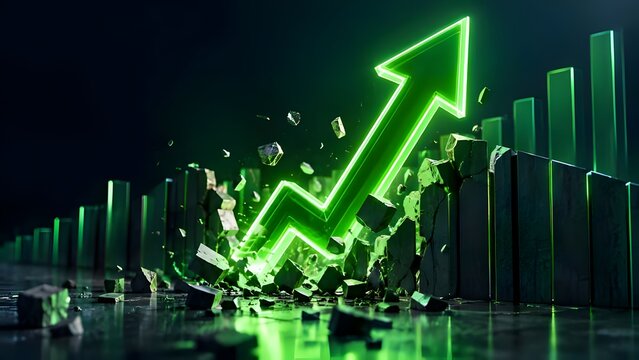 Glowing green neon arrow breaking through glass barriers representing explosive business growth financial success and breaking limits