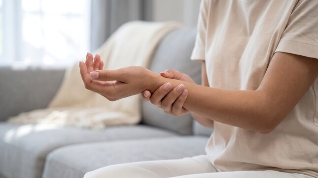 Woman Holding Painful Wrist Suffering from Carpal Tunnel Syndrome Indoors