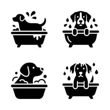 Black and white dog grooming icons showing pets in a bathtub with soap bubbles and water splashes.