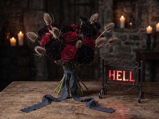 Obraz premium Gothic Red Rose Bouquet With Hell Sign and Candles in Dark Room