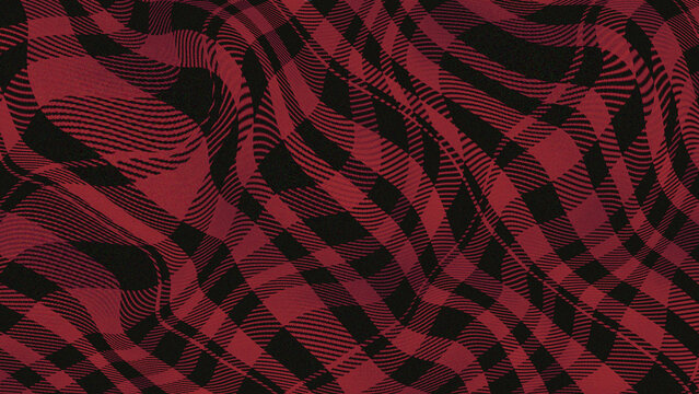 Distorted wavy psychedelic red and black tartan check fabric pattern
