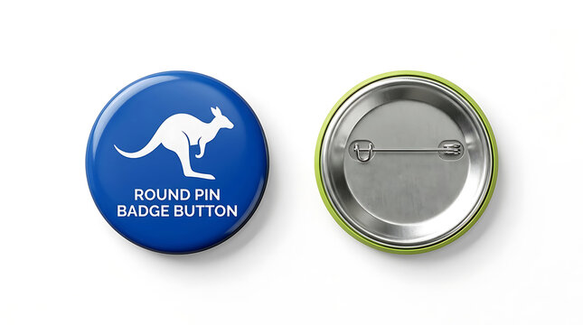 Two round pin badge buttons one blue with kangaroo one silver back