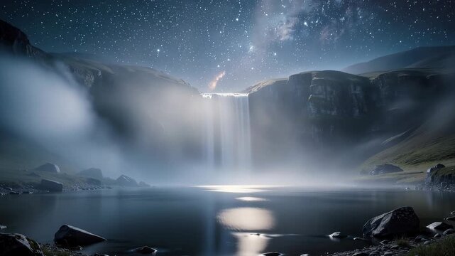 Serene majestic waterfall under starry night sky with rising mist nature landscape peaceful scenery