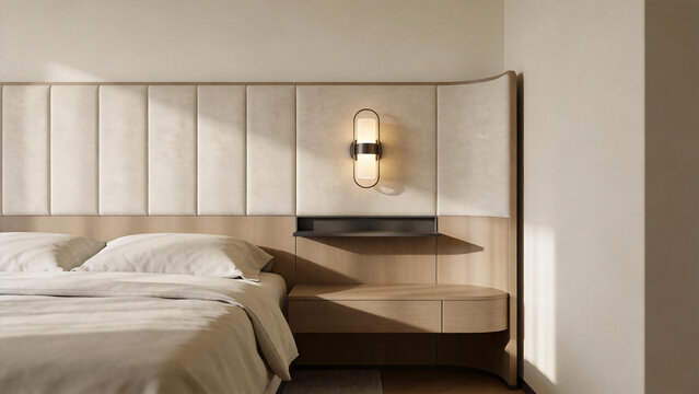 Modern minimalist bedroom with upholstered headboard and wall sconce