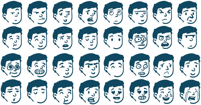 Set of diverse male facial expressions illustrated in a simple blue line art cartoon style