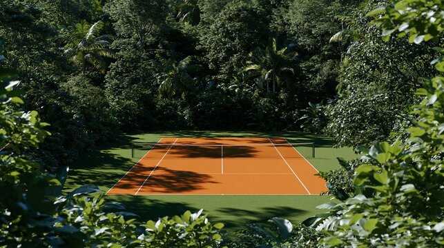 Orange tennis court surrounded by dense tropical garden foliage