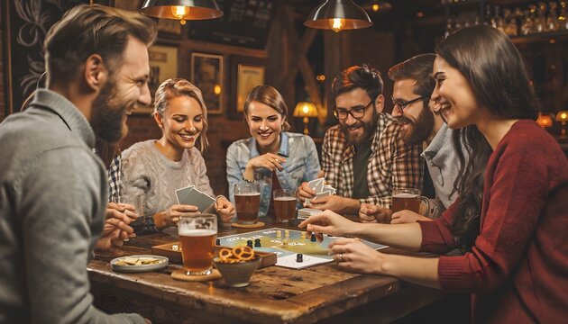 A group of people playing board games in a cozy pub, laughing together, warm overhead lighting, soft film grain, 4k resolution, realistic analog textures